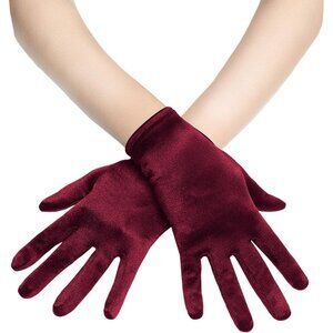 Women's Dark Red Satin Silk Gloves Banquet Wedding Party Costume Accessories